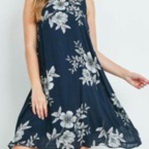 Navy Floral Print Loose Fit Swing Dress